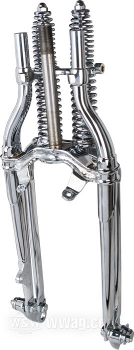 Horquilla Springer »Classic offset« de The Cyclery; apropiado para Big Twin late 1946-1949; rosca interior de la pipa de dirección: 3/4”-14 UNS, rosca exterior de la pipa de dirección: 1”-24 UNS; acero, cromado, resortes cromados; largo: 19”; rake: -3 °; sobra/acortamiento: original
