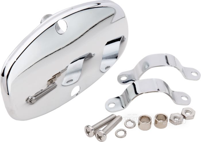 Heat shield »Sportster« by IronheadChina; fits XLCH 1959-1965; copper, chrome-plated; length x width: 139 x 80 mm; with Clamps, screws and bushings; replaces OEM HD 65700-38; China; gross weight: 225 g