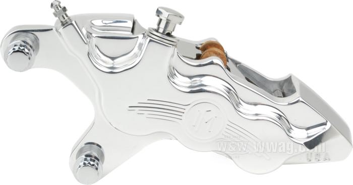 Brake caliper »112x6B DBO« by Performance Machine; fits Sportster and Softail exc. Springer  2000-2017, Touring 2000-2007, Dyna 2000-2005, VRSCR 2002-2005; billet aluminum, polished, distance mounting holes: 70 mm (center to center); position: front left; piston Ø: 7/8” (22.23 mm) + 1-3/8” (25.40 mm) + 1-1/8” (28.58 mm); required brake fluid: DOT 4 or 5; for brake disc: 11.5 ”; with parts certificate; USA; gross weight: 1.27 kg