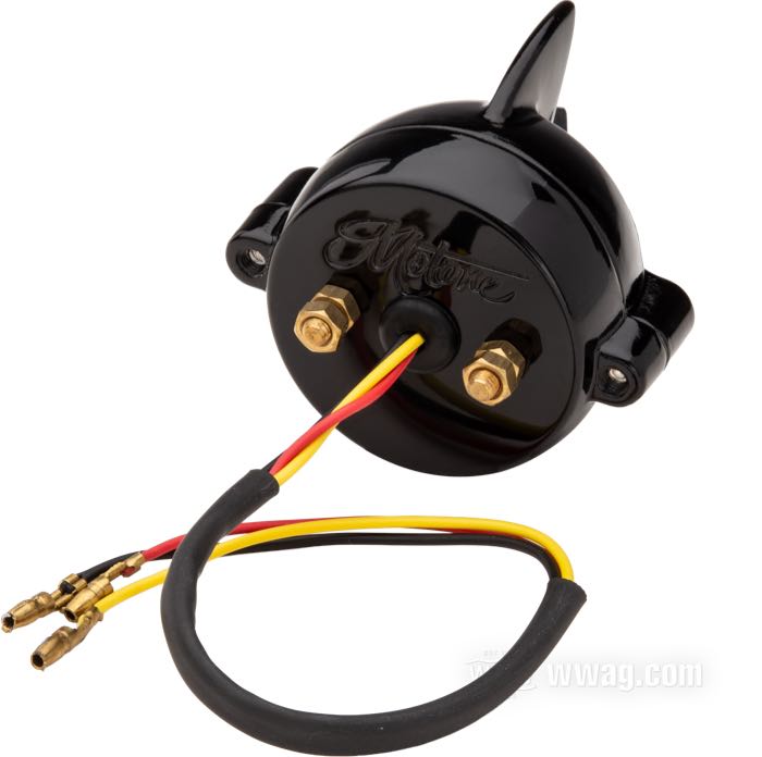 Taillight »Cuda« by Motone; cast aluminum, black, painted; depth: 55 mm; Ø 62 mm; thread: #10-32; 12 V; with LED; with stop light; with aluminum housing; with license illumination; mounting surface: flat; with four nuts; E4 approved; gross weight: 181 g