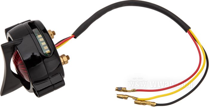 Taillight »Cuda« by Motone; cast aluminum, black, painted; depth: 55 mm; Ø 62 mm; thread: #10-32; 12 V; with LED; with stop light; with aluminum housing; with license illumination; mounting surface: flat; with four nuts; E4 approved; gross weight: 181 g