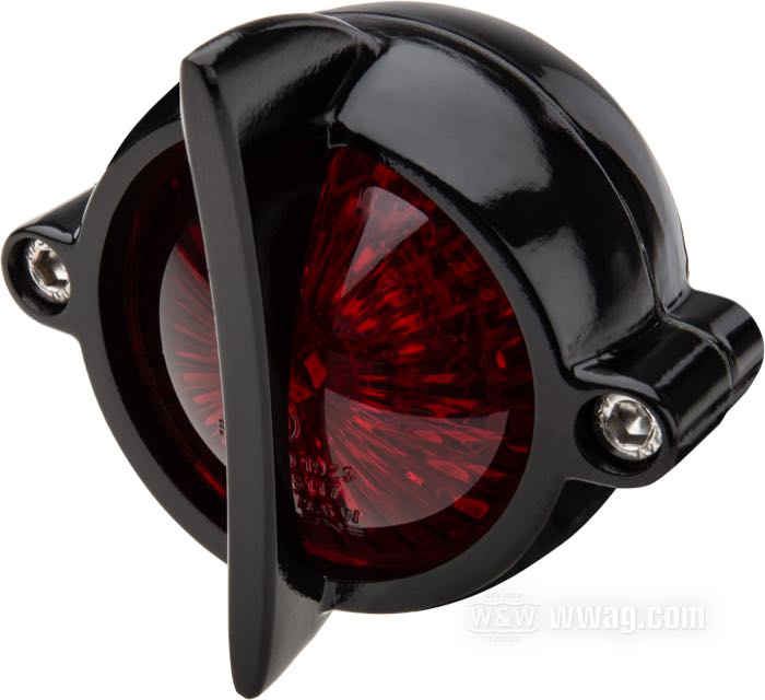 Taillight »Cuda« by Motone; cast aluminum, black, painted; depth: 55 mm; Ø 62 mm; thread: #10-32; 12 V; with LED; with stop light; with aluminum housing; with license illumination; mounting surface: flat; with four nuts; E4 approved; gross weight: 181 g