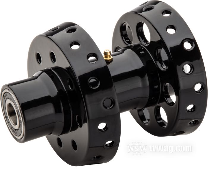 Hinterrad-Nabe; passend für K-Model/Sportster 1955-1978; Stahl, schwarz, kunststoffbeschichtet; breite Hinterradnabe Stahl für Trommelbremse Typ XL 1955-78; passende Radachse Ø: 17 mm; mit allen Innereien; ersetzt OEM HD 41017-55 und 41017-66A