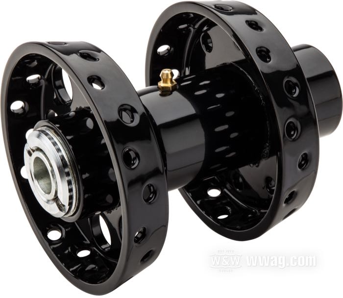 Hinterrad-Nabe; passend für K-Model/Sportster 1955-1978; Stahl, schwarz, kunststoffbeschichtet; breite Hinterradnabe Stahl für Trommelbremse Typ XL 1955-78; passende Radachse Ø: 17 mm; mit allen Innereien; ersetzt OEM HD 41017-55 und 41017-66A