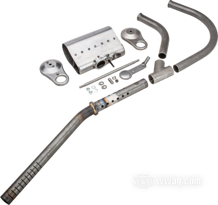 Scarico di The Cyclery; atto per modelli F e J (1000 cc) 1920-1923; acciaio, nudo; diam. di collettori: 1-3/8”; Punto installazione: destro; rimpiazza OEM HD 1004-15, 1005-15, 1001-15A e 1001-21; Europa; peso lordo: 9.22 kg