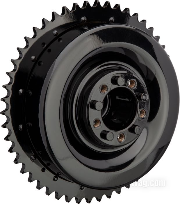 Brake drum by Paughco; fits Big Twin 1937-1957; rear; steel, black, painted; thread: 3/8”-20; nominal ID: 8 ”; replaces OEM HD 41400-37; USA; gross weight: 3.38 kg