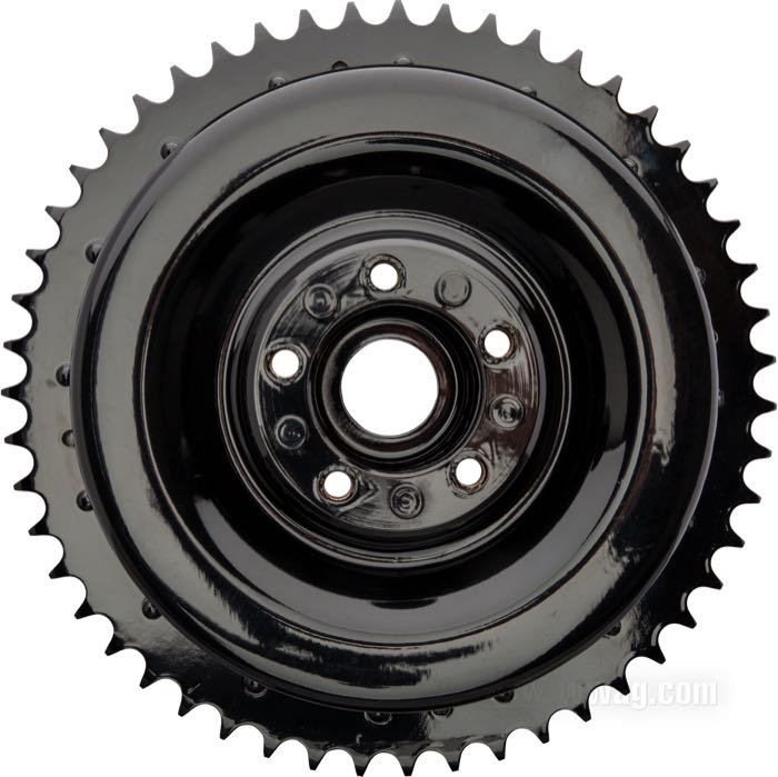 Brake drum by Paughco; fits Big Twin 1937-1957; rear; steel, black, painted; thread: 3/8”-20; nominal ID: 8 ”; replaces OEM HD 41400-37; USA; gross weight: 3.38 kg