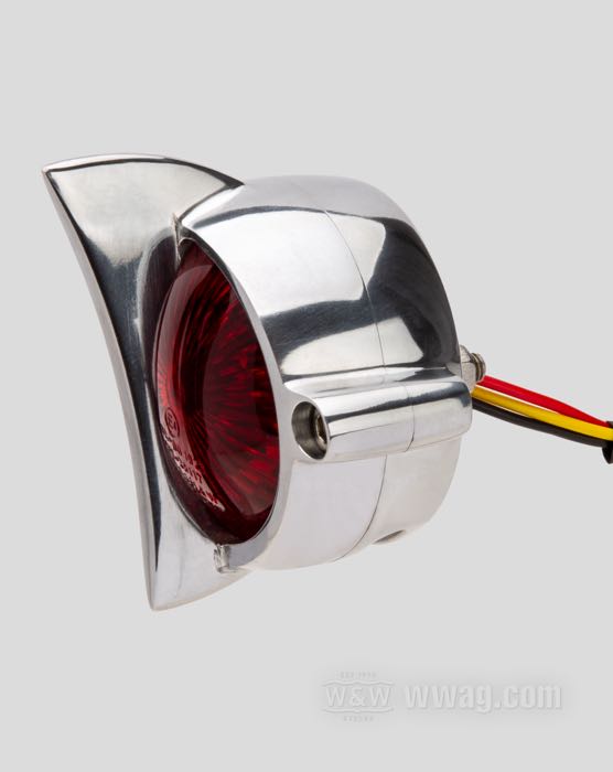 Taillight »Cuda« by Motone; cast aluminum, polished; depth: 55 mm; Ø 62 mm; thread: #10-32; 12 V; with LED; with stop light; with aluminum housing; with license illumination; mounting surface: flat; with four nuts; E4 approved; gross weight: 173 g