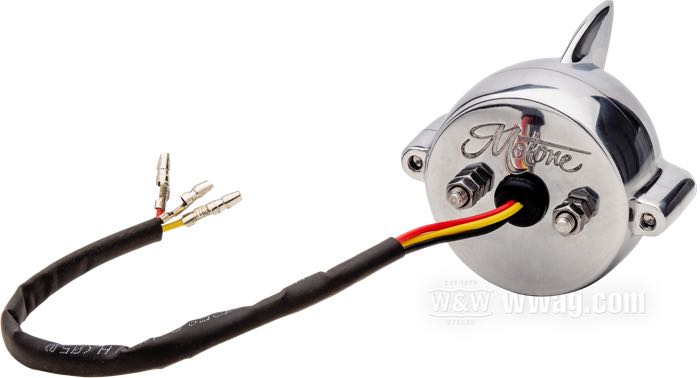 Taillight »Cuda« by Motone; cast aluminum, polished; depth: 55 mm; Ø 62 mm; thread: #10-32; 12 V; with LED; with stop light; with aluminum housing; with license illumination; mounting surface: flat; with four nuts; E4 approved; gross weight: 173 g