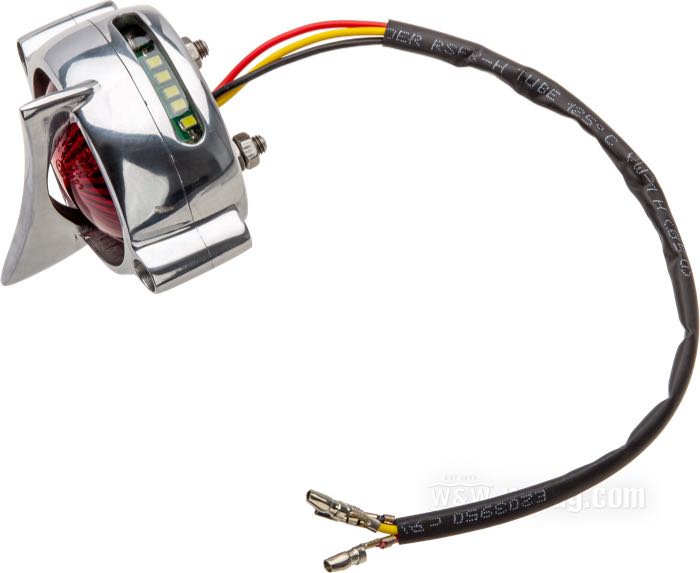 Taillight »Cuda« by Motone; cast aluminum, polished; depth: 55 mm; Ø 62 mm; thread: #10-32; 12 V; with LED; with stop light; with aluminum housing; with license illumination; mounting surface: flat; with four nuts; E4 approved; gross weight: 173 g