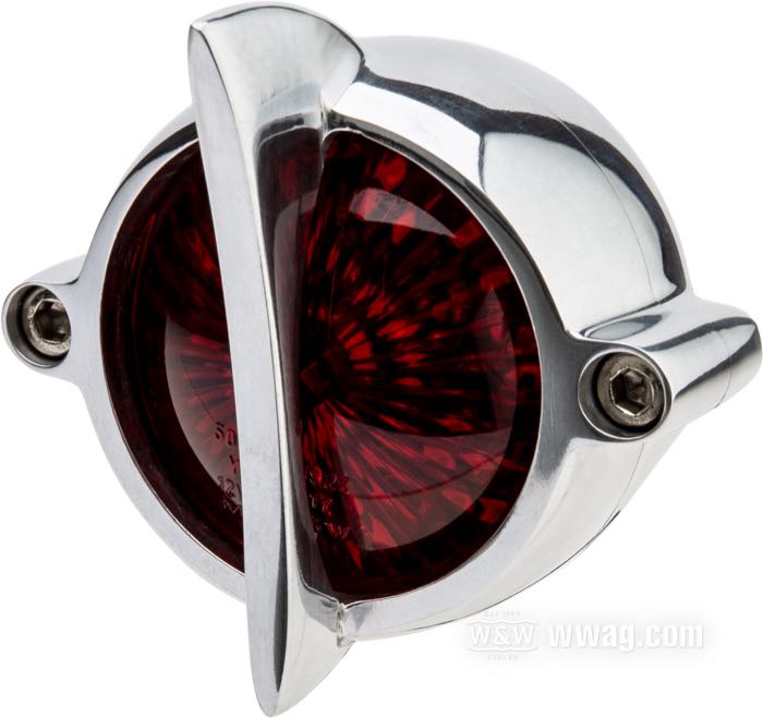 Taillight »Cuda« by Motone; cast aluminum, polished; depth: 55 mm; Ø 62 mm; thread: #10-32; 12 V; with LED; with stop light; with aluminum housing; with license illumination; mounting surface: flat; with four nuts; E4 approved; gross weight: 173 g