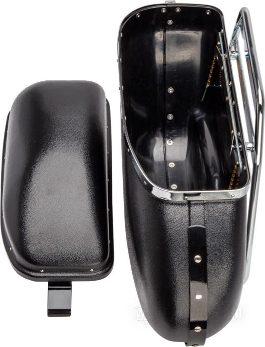 Saddlebags; fits Big Twin 1958-1984; plastic, black; L x W x H: 54 x 18 x 27 cm; replaces OEM HD 90925-54, and 90920-54