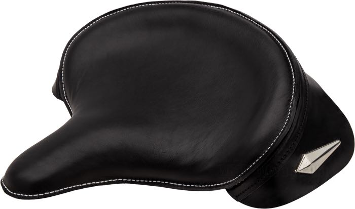 Solo seat »1955-1980 DeLuxe« by Samwel Supplies; cowhide / rubber, black; length x width: 420 x 440 mm; distance of springs or mounting bolts: 277 mm; mounting bolt thread: 5/16”-24; with mounting kit; replaces OEM HD 52006-47; Europe