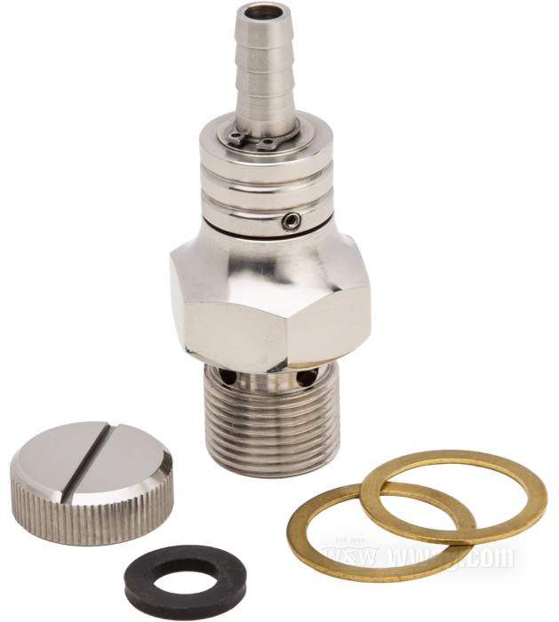 Fuel valve by Prism Supply Co.; fits Big Twins and 45”/750 cc Sidevalves 1940-1965; stainless steel, polished, no reserve; length: 62 mm; outlet position: straight; required fuel line: 1/4”; thread: 3/4”-18; USA; gross weight: 121 g