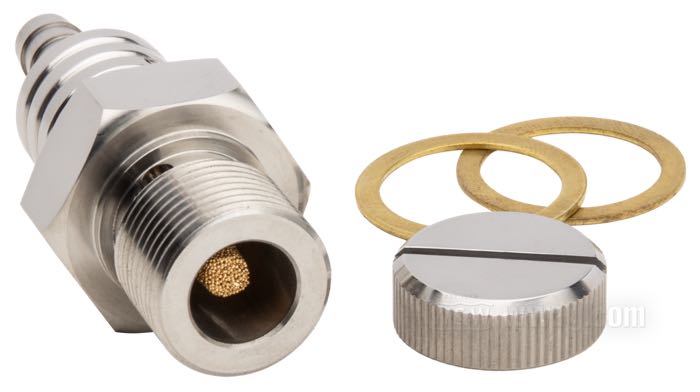 Fuel valve by Prism Supply Co.; fits Big Twins and 45”/750 cc Sidevalves 1940-1965; stainless steel, polished, no reserve; length: 62 mm; outlet position: straight; required fuel line: 1/4”; thread: 3/4”-18; USA; gross weight: 121 g