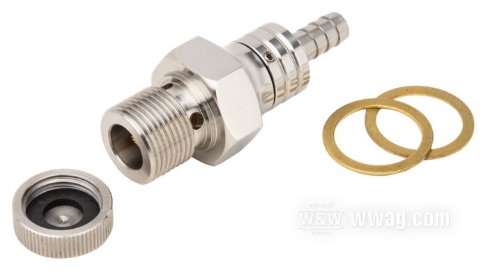 Fuel valve by Prism Supply Co.; fits Big Twins and 45”/750 cc Sidevalves 1940-1965; stainless steel, polished, no reserve; length: 62 mm; outlet position: straight; required fuel line: 1/4”; thread: 3/4”-18; USA; gross weight: 121 g