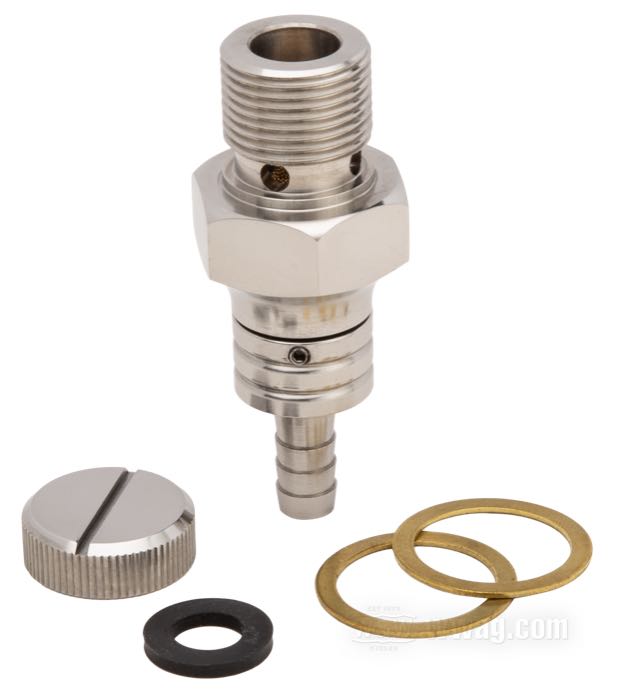 Fuel valve by Prism Supply Co.; fits Big Twins and 45”/750 cc Sidevalves 1940-1965; stainless steel, polished, no reserve; length: 62 mm; outlet position: straight; required fuel line: 1/4”; thread: 3/4”-18; USA; gross weight: 121 g