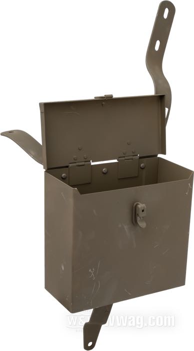 Munitionsbox und Halter von Samwel Supplies; passend für WLA Modelle; Stahl, Höhe über alles incl. Lasche: 64 cm; L x B x H: 25 x 10 x 20 cm; ersetzt OEM HD 11201-42M; Bruttogewicht: 3.3 kg