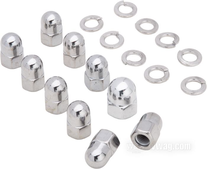Juego de tuercas de Colony; para tapa lateral caja; apropiado para Big Twin 1936-1985; longitud estándar; acero, cromado; cabeza Acorn hexagonal; reemplaza OEM HD 7753, 0117, 0214 y 7837W; EE. UU.; peso bruto: 150 g