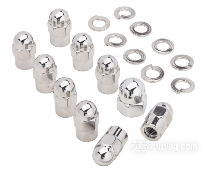 Juego de tuercas de Colony; para tapa lateral caja; apropiado para Big Twin 1936-1985; extra largo; acero, cromado; cabeza Acorn hexagonal; reemplaza OEM HD 7753, 0117, 0214 y 7837W; EE. UU.; peso bruto: 180 g