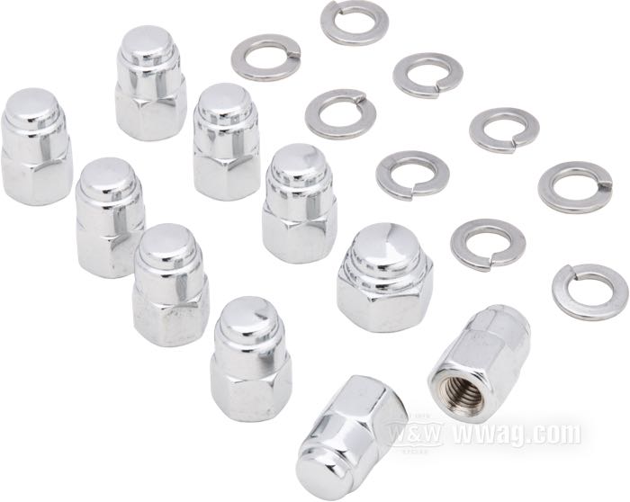 Juego de tuercas de Colony; para tapa lateral caja; apropiado para Big Twin 1936-1985; longitud estándar; acero, cromado; cabeza Cap hexagonal; reemplaza OEM HD 7753, 0117, 0214 y 7837W; EE. UU.; peso bruto: 160 g