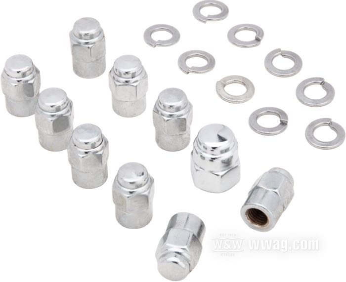 Juego de tuercas de Colony; para tapa lateral caja; apropiado para Big Twin 1936-1985; extra largo; acero, cromado; cabeza Cap hexagonal; reemplaza OEM HD 7753, 0117, 0214 y 7837W; EE. UU.; peso bruto: 160 g