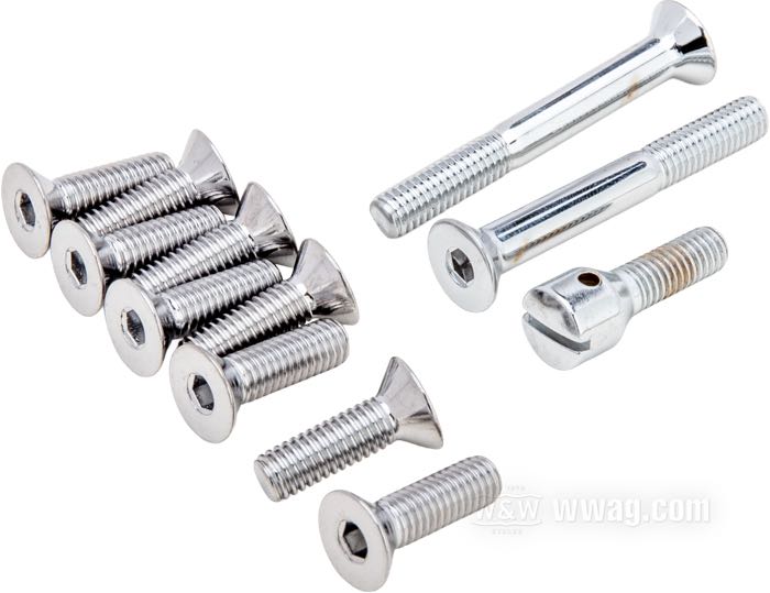 Juego de tornillos de Colony; para tapa arriba caja; apropiado para Big Twin 1965-1978; acero, cromado; con hexágono interior; reemplaza OEM HD 1765W, 1766W y 34720-56; EE. UU.; peso bruto: 90 g