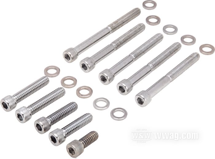 Kit bulloni di Colony; per Trasmissione / Coperchio superiore; atto per Dyna 5 marce 1991→; acciaio, cromato; a brugola; rimpiazza OEM HD 4717 e 4741A; U.S.A.; peso lordo: 120 g