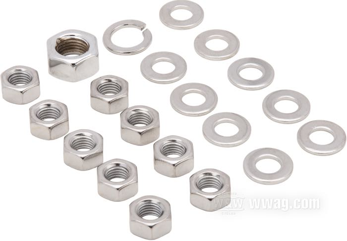 Juego de tuercas de Colony; para tapa lateral caja; apropiado para Big Twin 1936-1985; acero, cromado; hexagonal; reemplaza OEM HD 7753, 0117, 0214 y 7837W; EE. UU.; peso bruto: 80 g