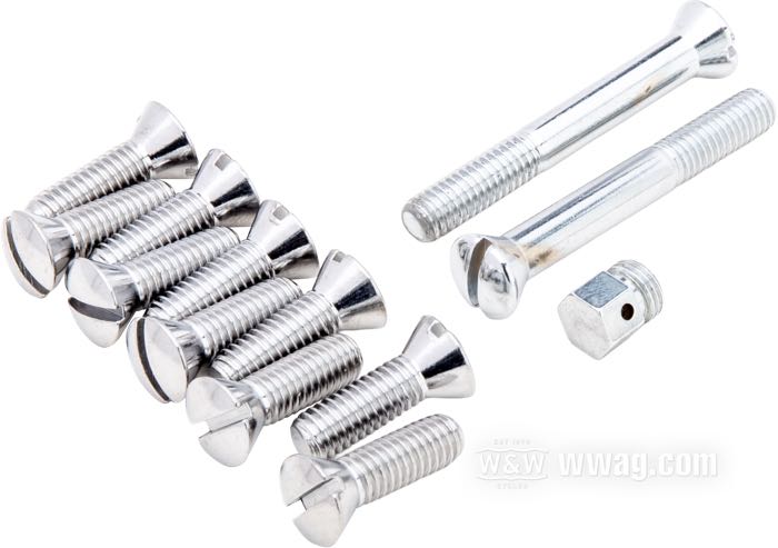 Kit de visserie de Colony; pour carter supérieur boîte; adaptable à Big Twin 1936-1955; acier, chromé; tête bombée fraisée fendue; remplace OEM HD 2333, 2349, 2268-34 et 1523-32; USA; poids brut: 90 g