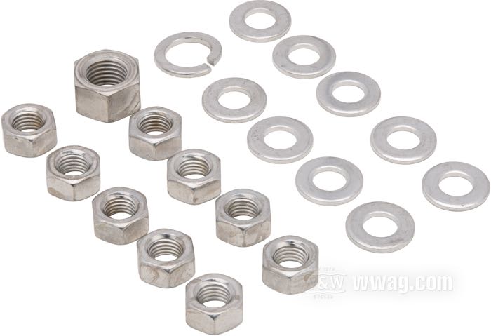 Juego de tuercas de Colony; para tapa lateral caja; apropiado para Big Twin 1936-1985; acero, galvanizado en zinc-níquel mate; hexagonal; reemplaza OEM HD 7753, 0117, 0214 y 7837W; EE. UU.; peso bruto: 80 g