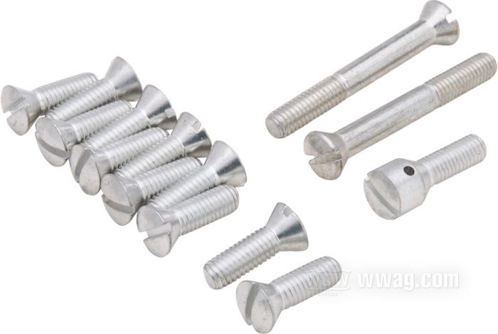 Kit viti di Colony; per coperchio trasmissione sopra; atto per Big Twin 1956-1964; acciaio, galvanizzato zinc-nichel opaco; testa svasata a calotta con intaglio; rimpiazza OEM HD 34720-56, 2333 e 2349; U.S.A.; peso lordo: 100 g