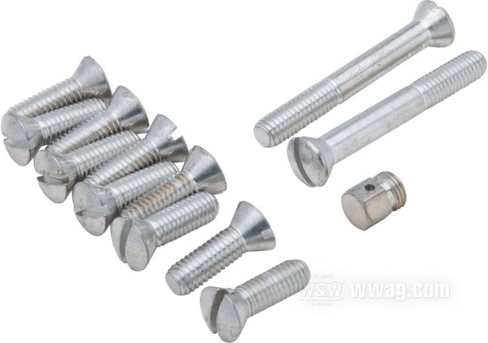 Kit viti di Colony; per coperchio trasmissione sopra; atto per Big Twin 1936-1955; acciaio, galvanizzato zinc-nichel opaco; testa svasata a calotta con intaglio; rimpiazza OEM HD 2333, 2349, 2268-34 e 1523-32; U.S.A.; peso lordo: 90 g