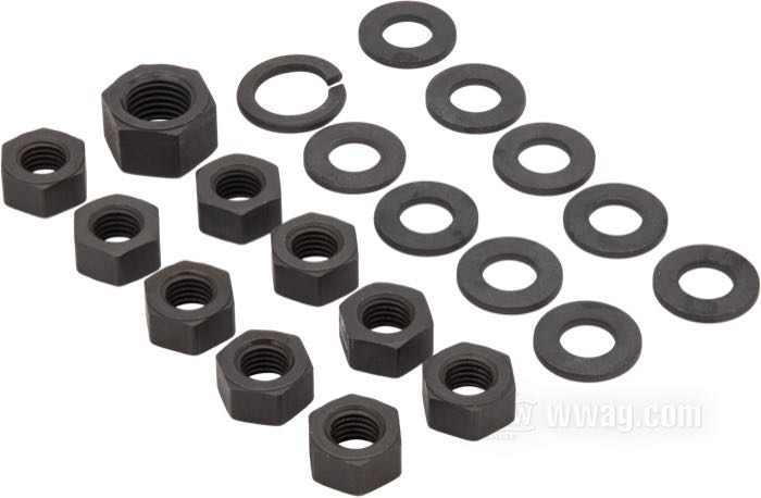 Juego de tuercas de Colony; para tapa lateral caja; apropiado para Big Twin 1936-1985; acero, parkerizado; hexagonal; reemplaza OEM HD 7753, 0117, 0214 y 7837W; EE. UU.; peso bruto: 80 g