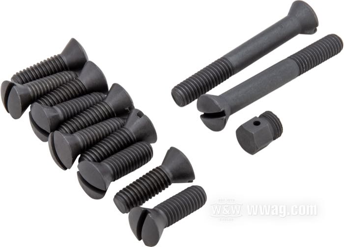 Kit viti di Colony; per coperchio trasmissione sopra; atto per Big Twin 1936-1955; acciaio, parkerizzato; testa svasata a calotta con intaglio; rimpiazza OEM HD 2333, 2349, 2268-34 e 1523-32; U.S.A.; peso lordo: 90 g