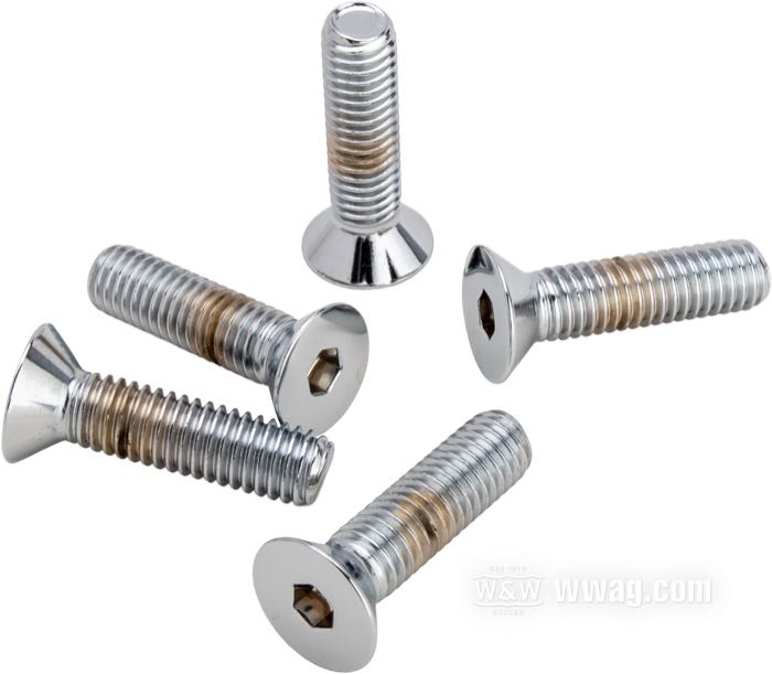 Kit bulloni di Colony; per fori di 7/16” con svasatura conica; acciaio, cromato; testa svasata a brugola; filettatura: 7/16”-14; lunghezza: 1-3/4 ” (44 mm); rimpiazza OEM HD 1642; U.S.A.; peso lordo: 170 g