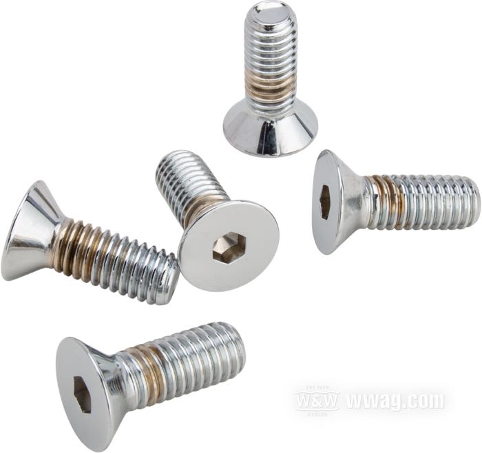 Kit bulloni di Colony; per fori di 7/16” con svasatura conica; acciaio, cromato; testa svasata a brugola; filettatura: 7/16”-14; lunghezza: 1-1/4 ” (32 mm); rimpiazza OEM HD 1643; U.S.A.; peso lordo: 140 g