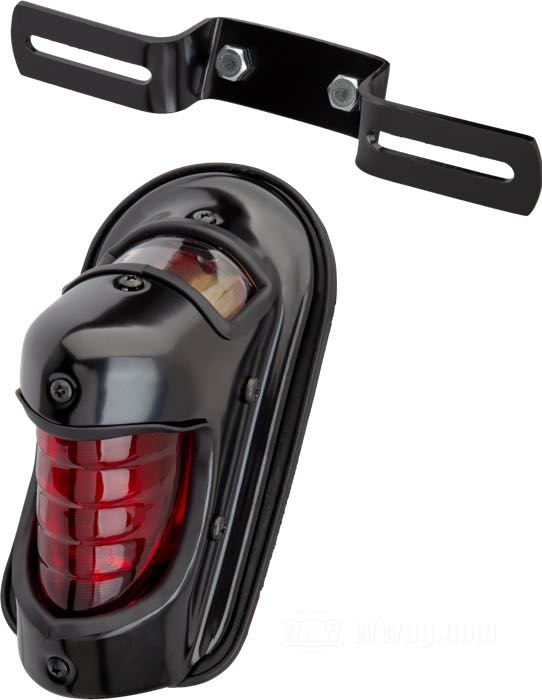 Piloto trasero »Beehive«; chapa de acero, negro, barnizado; con bombilla 6 V; con soporte de matrícula; reemplaza OEM HD 68002-39 y 68150-39; peso bruto: 540 g