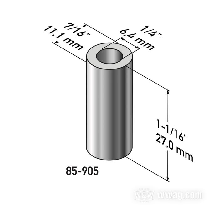 Spacer by Gardner-Westcott; steel, chrome-plated; length: 1-1/16 ” (27 mm); inner Ø: 1/4 ”; outer Ø: 7/16 ”; gross weight: 10 g