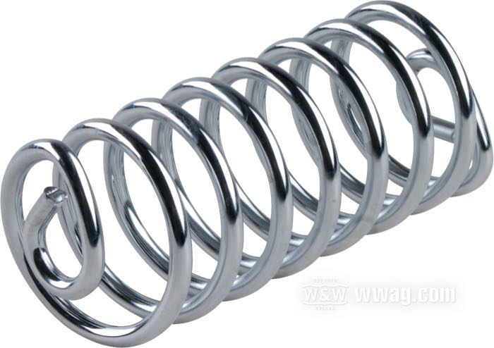 Spring; fits Big Twin 1965-1985; spring steel, chrome-plated, eyelets: 13.5 mm; length: 132 mm; Ø 52 mm; wire Ø: 5.6 mm; spring rate: 12 N/mm; replaces OEM HD 52575-65; gross weight: 180 g