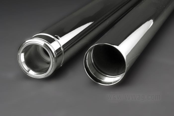 Fork tubes; fits Dyna 2006-2017, Touring 2014→, Softail 2018→, XL Forty-Eight 2016-2021; steel, show-chromed; length: 598 mm; Ø 49 mm; length over/under stock: FXD: -2 /  FXDWG: -4 ”; gross weight: 3.54 kg