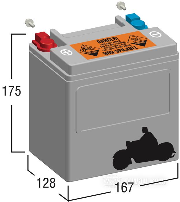 Batterie; adaptable à Touring 1997→; L x H x P: 167 x 175 x 128 mm; 12 V; 28 Ah; courant de démarrage à froid (SAE): 405 A; bornes: M6 (vis comprises); remplace OEM HD 66010-97 et 66000212; USA; poids brut: 9.5 kg