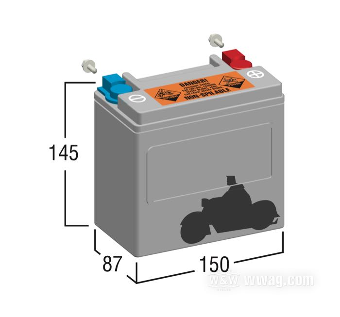 Batterie; adaptable à V-Rod →2006, VRSCR →2007, Buell XB1R 2003; L x H x P: 150 x 145 x 87 mm; 12 V; 12 Ah; courant de démarrage à froid (SAE): 225 A; bornes: M6 (vis comprises); remplace OEM HD 65948-00 et 66000206; USA; poids brut: 5.41 kg