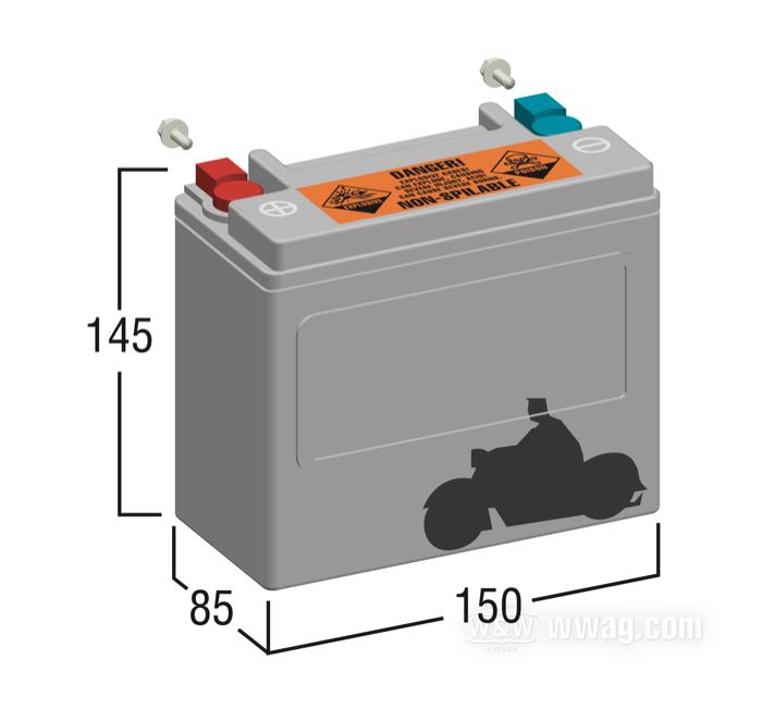 Batterie; adaptable à Sportster 2004-2021; L x H x P: 150 x 145 x 85 mm; 12 V; 12 Ah; courant de démarrage à froid (SAE): 225 A; bornes: M6 (vis comprises); remplace OEM HD 65958-04 et 66000208; USA; poids brut: 5.3 kg