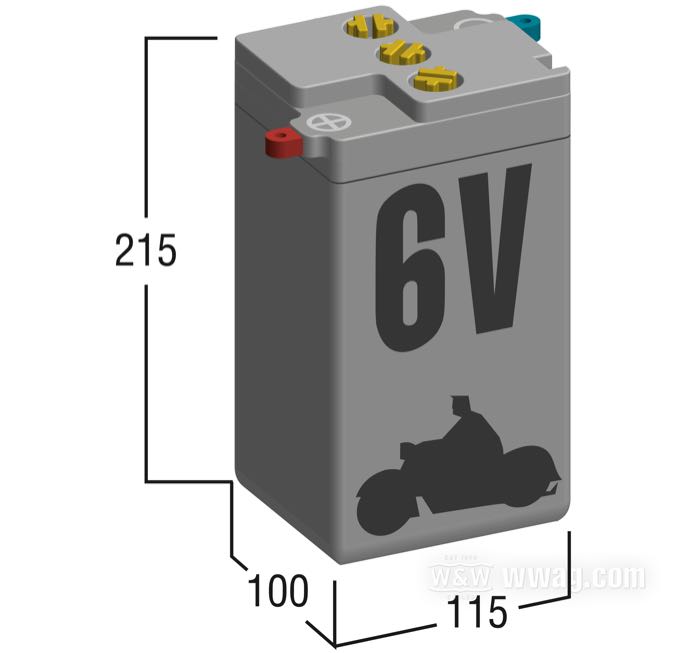 Battery »OEM«; fits singles 1929-1936, 45” 1929-1963, OHV Big Twin 1936-1964, SV Big Twin 1937-1948; W x H x D: 115 x 215 x 100 mm; 6 V; 22 Ah; pole connections: M6 (screws included); replaces OEM HD 4304-29, and 66006-29F; Taiwan; gross weight: 3.4 kg