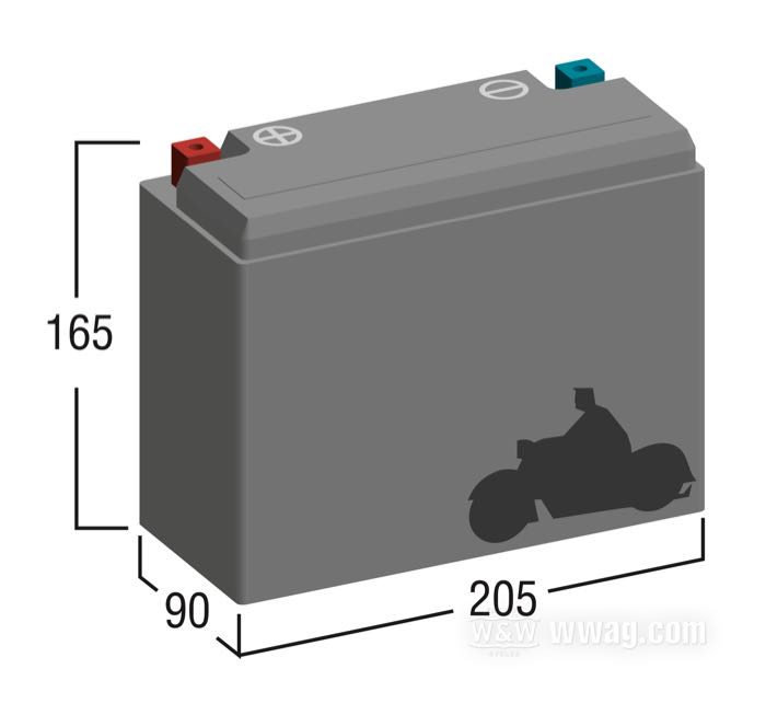Batterie; adaptable à FLT, FLHT, FLHR →1996; L x H x P: 205 x 165 x 90 mm; 12 V; 22 Ah; courant de démarrage à froid (SAE): 345 A; bornes: M6 (vis comprises); remplace OEM HD 66010-82 et 66000210; USA; poids brut: 8.4 kg
