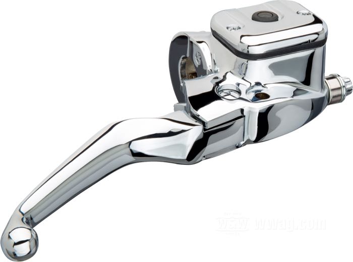 Hand brake master cylinder; for dual disc; fits Touring 1996-2004, FXDL and FXDS 1996-2001, FXDX(T) 1999-2005, Sportster 1200S 1996-2003, Sportster 883 R 2002-2003, V-Rod 2002-2007; cast aluminum, chrome-plated; piston Ø: 11/16” (17.5 mm); required brake fluid: DOT 5; replaces OEM HD 45013-96; gross weight: 880 g