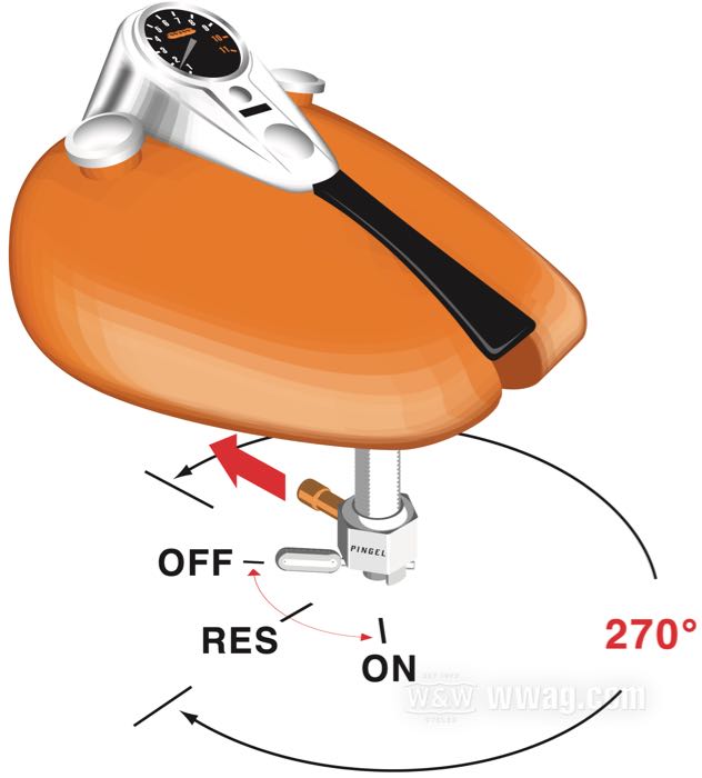 Robinet d’essence »Vacuum« de Pingel; laiton, chromé, avec réserve; position du raccord: 270°; tubulure d'éssence: 5/16”; filetage: M22 x 1; USA; poids brut: 334 g