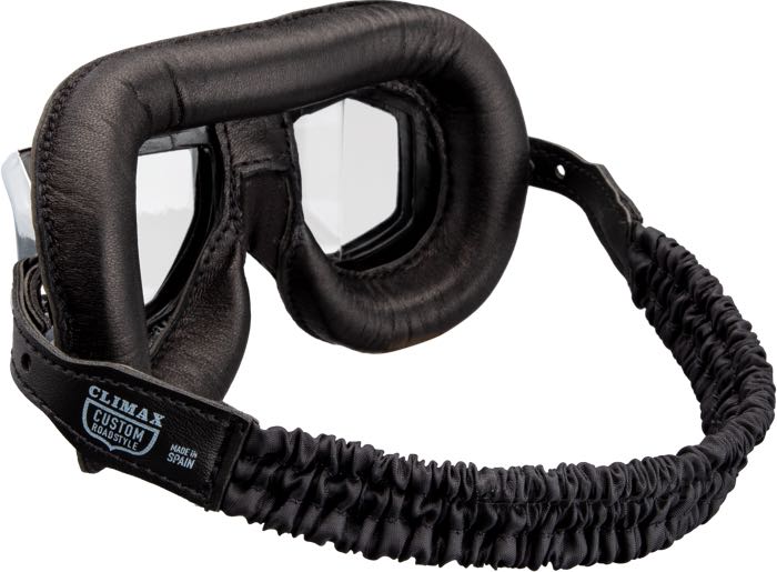 Goggles »mod. 513« by Climax; polycarbonate / foam rubber / leather / steel, black, chrome-plated; Spain; gross weight: 170 g