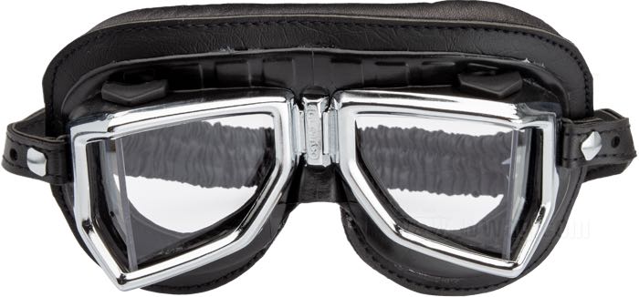 Goggles »mod. 513« by Climax; polycarbonate / foam rubber / leather / steel, black, chrome-plated; Spain; gross weight: 170 g